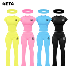 Conjunto de 2 Piezas de Ropa de Casa para Mujer con Diadema, Algodón Suave, Manga Corta, Pantalones Largos, Ropa Casual de Verano, Color Sólido - Product Image 1