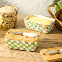 Pot à beurre en céramique avec couvercle en bambou, motif floral bohème, fente intégrée pour couteau, pour comptoir de cuisine