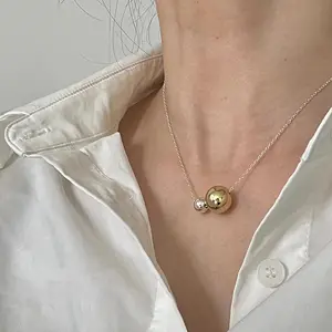 Chic Gold Plated Smooth Double Ball Pendant Necklace S925 Silver High Polished Large Small Bead Necklace For Girls