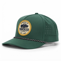 Casquette de baseball snapback à visière incurvée, 5 panneaux, verte, avec patch tissé perforé au laser, style corde, approvisionnement direct fabricant en gros