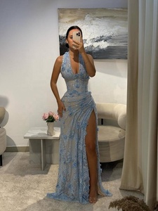 Abito da Sera <span class=keywords><strong>Lungo</strong></span> Personalizzato Stile Sirena con Fiori 3D, <span class=keywords><strong>Spacco</strong></span> Laterale e Collo Halter per Occasioni Formali e Feste Femminili - Product Image 4