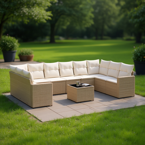 Conjunto de Sofás Modulares de Ratán Beige para Jardín, Muebles de Exterior de Diseño Contemporáneo con Cojines de Espuma de Alta Densidad - Product Image 2