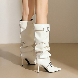 Botas Wrinkle Buckle Fashion Slipper Pointy Toe Thin Heel Knee High Women <b>Boots</b> - Product Image 3