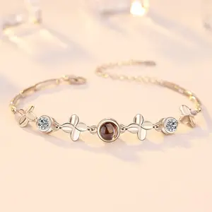 Minimalist Personalized One Hundred Languages Jewelry S925 Silver Four-leaf Clover Projection Bracelet for Memorial Photo Love