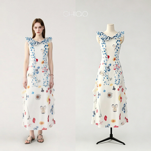ชุดเดรสยาวปานกลางลายดอกไ<span class=keywords><strong>ม</strong></span>้สีขาวแบบ OEM แต่งระบาย คอ halter ผูกโบว์ ผ้าโพลีเอสเตอร์ เห<span class=keywords><strong>ม</strong></span>าะสำหรับใส่ไปเที่ยวชายหาด ผลิตจากโรงงานในจีน - Product Image 1