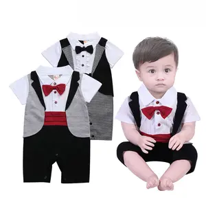 Babykleertjes Sets 3-18 M Formele Gentleman Onesie Zwart-Wit Romper Met Korte Mouwen Baby Boy Smoking BBRS-001