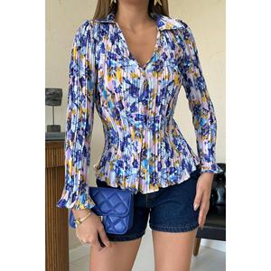 Chemisier en mousseline plissé à imprimé floral Lila pour femme, coupe décontractée, ajustement élastique, manches longues - Product Image 2