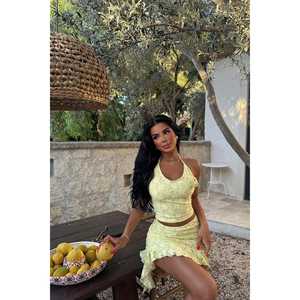 Ensemble en dentelle jaune Darrel, blazer en coton tissé, shorts taille XL, longueur au-dessus du genou, coupe ample, motif uni, col sans bretelles pour l'automne - Product Image 6