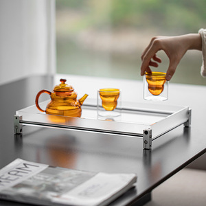 <b>Acrylic</b> Tea Tray <b>White</b> With Aluminum Base Lightweight Flat Design For Home Tea Serving And Storage Coffee Tea Tools - Product Image 2