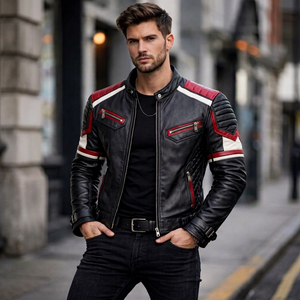 Chaqueta de Motocicleta de Cuero Genuino para Hombre, Corte Ajustado, Cierre de Cremallera, Color Sólido, Cuello Camisero, Transpirable e Impermeable - Product Image 1