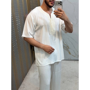 Traditional Moroccan Short Sleeve Jabador For <b>Men</b> Handmade Islamic <b>Thobe</b> Casual Summer Lounge Attire - Product Image 2