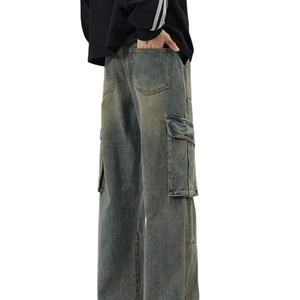 Jeans cargo pour homme sur mesure, lavage clair, jambe large et droite, pantalon baggy, grande poche, style streetwear, denim pour homme - Product Image 3