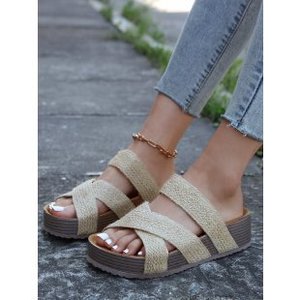 Sandales compensées Gleibo OEM ODM pour <span class=keywords><strong>femme</strong></span>, en microfibre avec bride en PU, bout ouvert/carré, confortables, style <span class=keywords><strong>pieds</strong></span> nus, pour l'été et la plage - Product Image 5