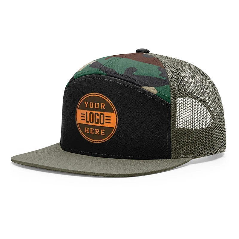 Toptan özelleştirilmiş örgü yama logosu özel 7 Panel siyah Camo Snapback kamyon şoförü şapkaları