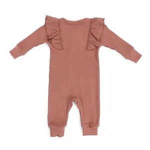 Mono de manga larga de cuello redondo con botones de plástico, ropa para niños al por mayor, pelele para bebé
