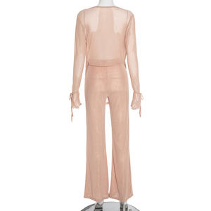 Modisches 2-teiliges Set Sexy Mesh Neckholder-Oberteil mit Bindung und Langen Ärmeln sowie Lange Hose Zweiteiliges Damen-Outfit - Product Image 3