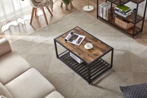 <span class=keywords><strong>Table</strong></span> basse rectangulaire industrielle avec étagère de rangement à lattes, plateau en bois rustique pour salon - Product Image 3