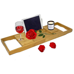 Wooden Bathtub Rack Extendable Storage Shelf For Bathroom With Wine Glass Holder And <b>Tablet</b> <b>Stand</b> - Product Image 2