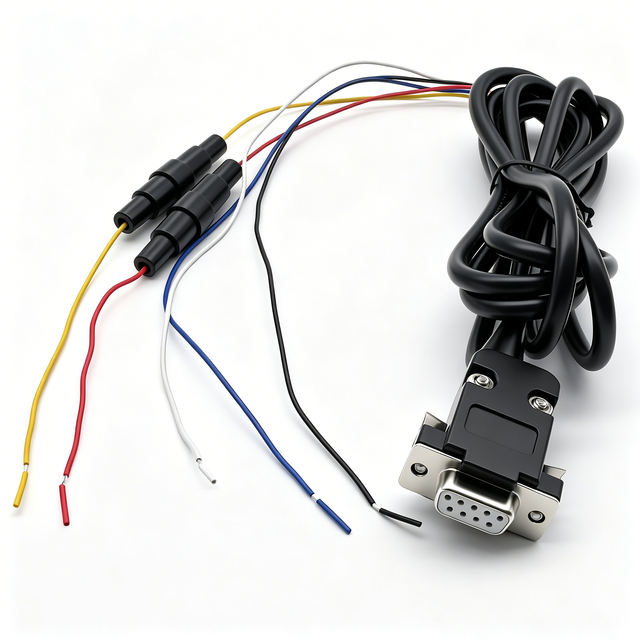 DB9 9 Pin Female RS232 Serial Cable Assembly with 5 Color Coded Wires and Inline Fuse Holders for Power Lines