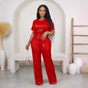 D8614 Tenues d'été tendance <span class=keywords><strong>pour</strong></span> femmes, t-<span class=keywords><strong>shirt</strong></span> à manches courtes brodé de paillettes et pantalon long, ensemble deux pièces - Product Image 6