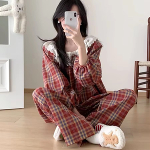 Red <strong>Nightgown</strong> Vintage Lace Trim Collar <strong>Plaid</strong> Pajamas Long-sleeved Sweet Nightdress Cute Princess Wind Sleepwear