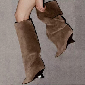 Botas de tacón alto de cuña para mujer, de ante, hasta la rodilla, con punta abierta, colores personalizados, para verano - Product Image 2