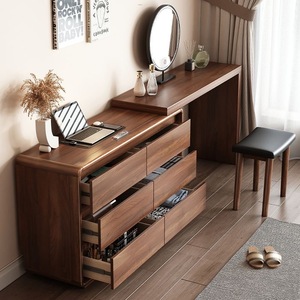 Commode à 6 tiroirs en bois massif contemporain, coiffeuse tout-en-un, table de chevet, armoire de rangement, table de maquillage - Product Image 2