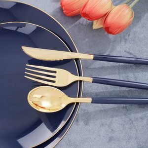 150 pièces de vaisselle en plastique bleue - Couverts en plastique doré avec manche <span class=keywords><strong>bleu</strong></span> - Assiettes jetables <span class=keywords><strong>bleu</strong></span> <span class=keywords><strong>marine</strong></span> - Product Image 3