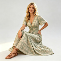 Robe longue bohème vintage imprimée, col en V profond, manches courtes, viscose douce, fluide, décontractée, pour les vacances