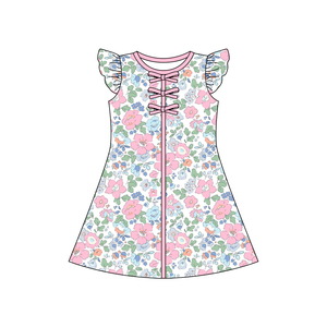 GSD3851 Vestido personalizado para niña pequeña con estampado de flores rosas, conjunto infantil de manga corta para niña, venta al por mayor. - Product Image 1