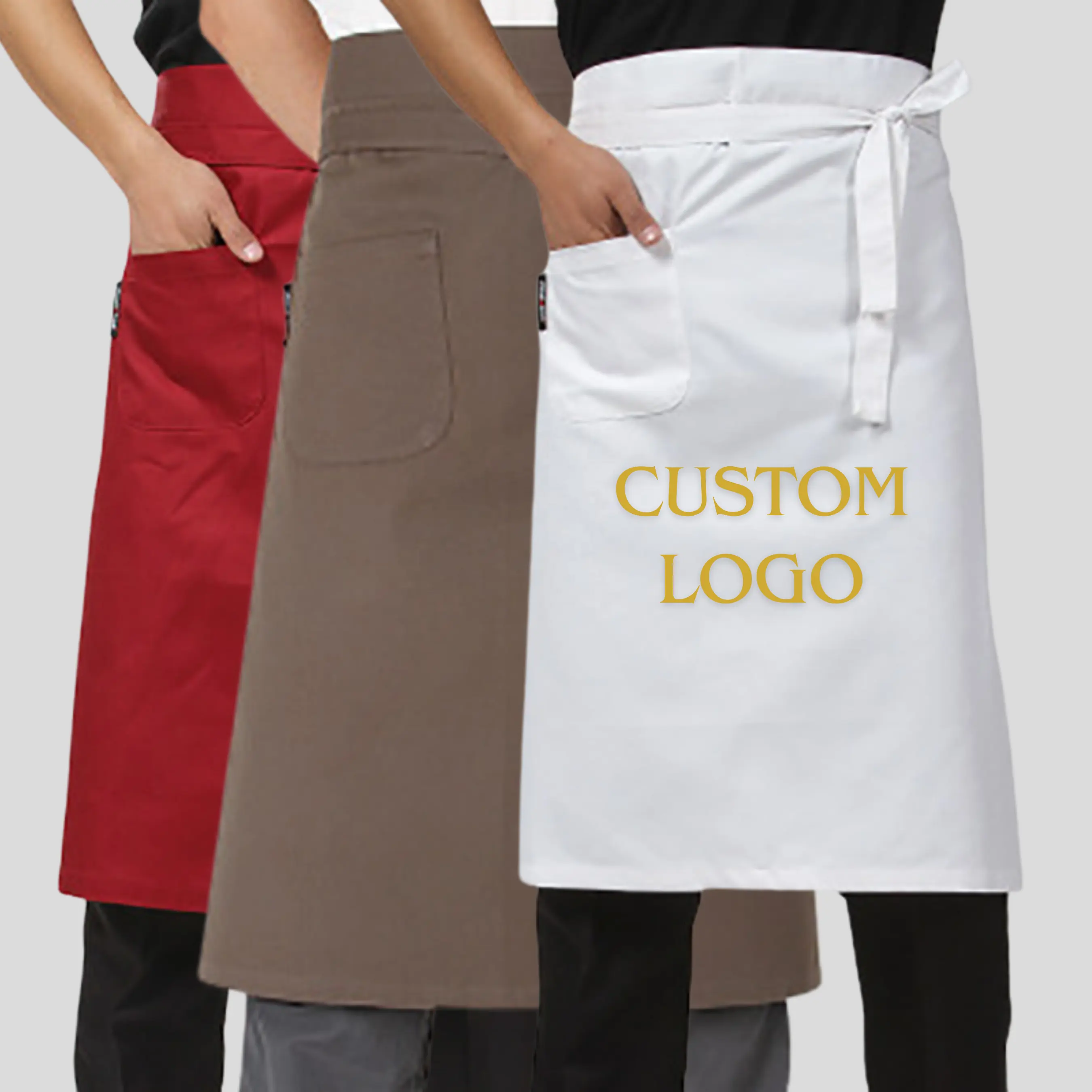 Demi-tabliers de cuisine en coton avec logo personnalisé, chef de cuisine, broderie imprimée, uniformes de serveur de café et design d'uniforme d'hôtel