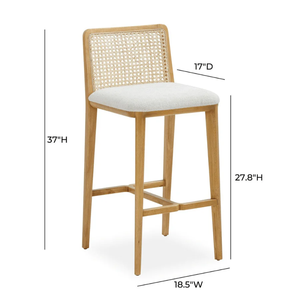 Tweed and Rattan Commercial Modern Counter <b>Stool</b> with Solid Rubberwood Frame and Woven Rattan Seat for Home Bar & <b>Dining</b> - Product Image 1