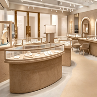Vitrine de présentation de bijoux en verre avec éclairage LED personnalisé, comptoir de magasin rond en acier inoxydable, design de luxe pour la présentation de bijoux