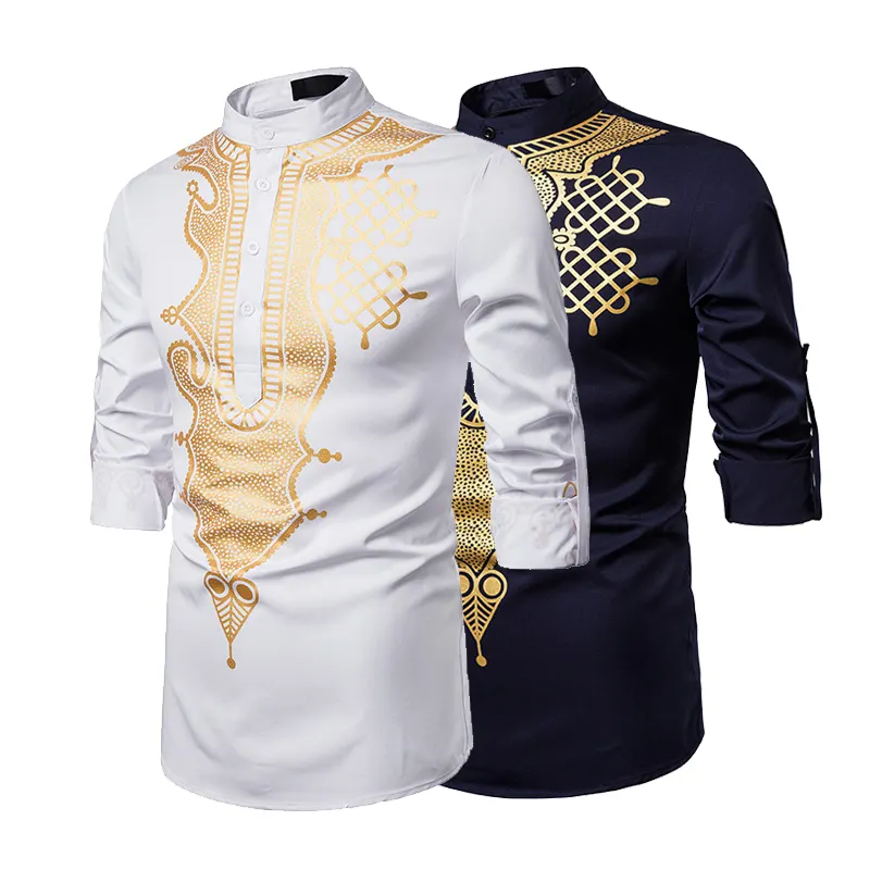 BU2H Men Mandarin Collar Embroidery Loose Long Sleeve Muslim Robes Shirt Tops Tee
