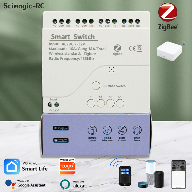 Smart Zigbee 4CH Relay Module Receiver Switch Automation Self-locking Intelligent Life Voice 433Mhz RF AC/DC7-32V