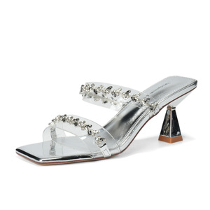Sandales à talons hauts à bout carré avec strass, talon bloc, bout ouvert, tendance mode, chaussures pour femmes 7655-1 - Product Image 5