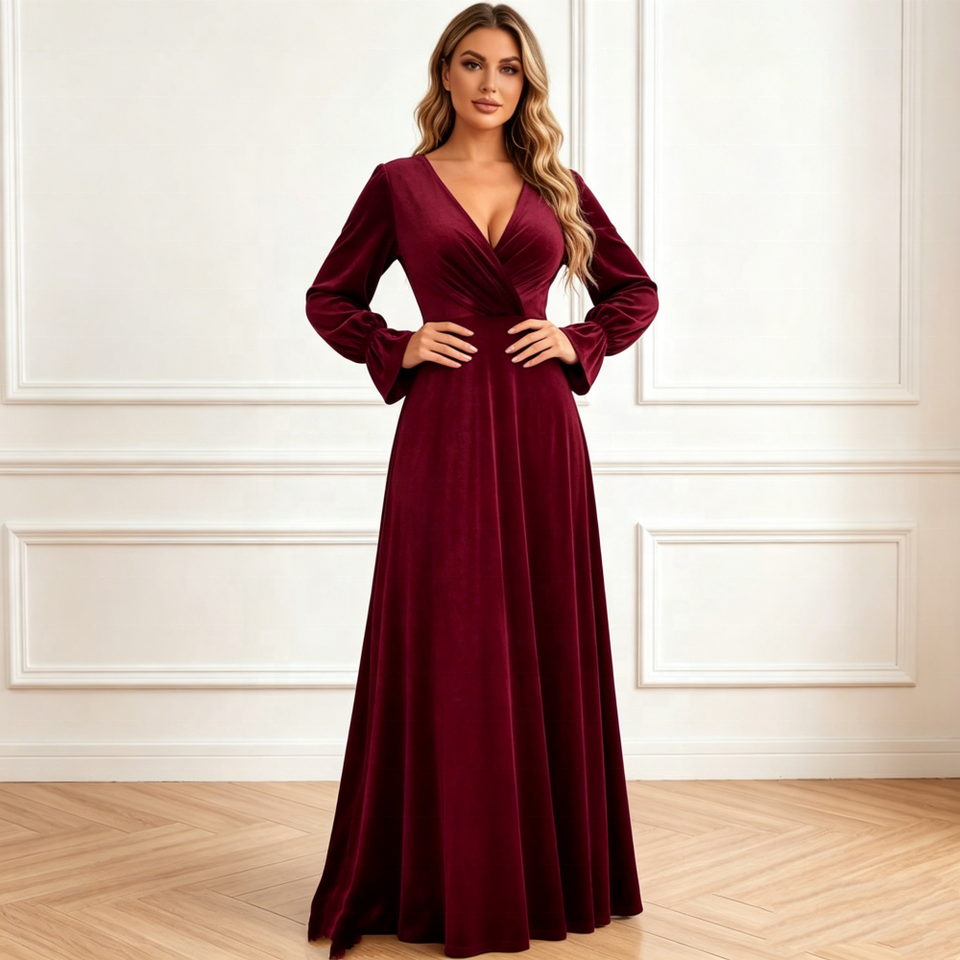2026 Cross-border New Socialite Autumn Winter Solid Color Deep V-neck ...