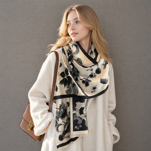Chal/Capa de Cachemira Largo para Mujer, Color Beige y Negro, con Diseño Geométrico de Puntos, con Flecos, Talla Grande, Multifuncional, para Invierno - Product Image 1