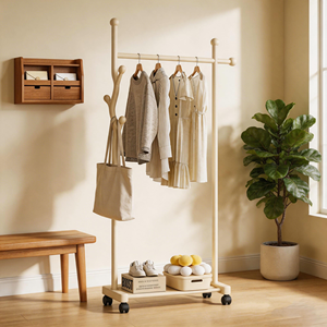 Porte-vêtements métallique sur roulettes, étagère à vêtements autoportante avec crochets latéraux, organisateur de vêtements roulant pour entrée et chambre - Product Image 3