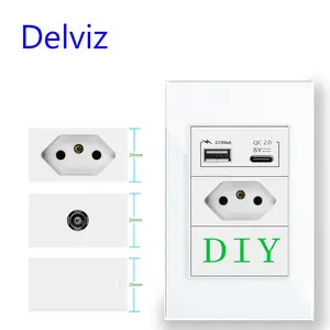 Delviz Doe-Het-Zelfpassende Schakelaar, 120Mm * 72Mm Kristalglazen Paneel, Br 20a Stopcontact, Brazilië Standaard USB-Oplaadaansluiting