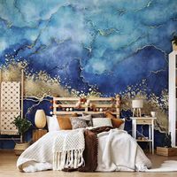 Blau-Gold Marmor Abstrakte Tuschegrafik Wandbild Luxuriöse Goldene Ader Tapete Wohnzimmer TV-Hintergrund Wanddekoration