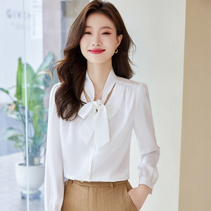 Women's Chiffon Blouse Long Sleeve Solid Color <b>Wrap</b> Tie Office Shirt <b>White</b> Champagne Black Gray Polyester Fabric - Product Image 2