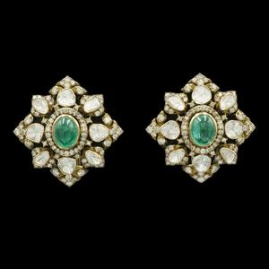 14K Gold Polki Diamond <b>Stud</b> <b>Earrings</b> with Emerald Center | Handmade Kundan Floral Bridal Jewelry for women - Product Image 1