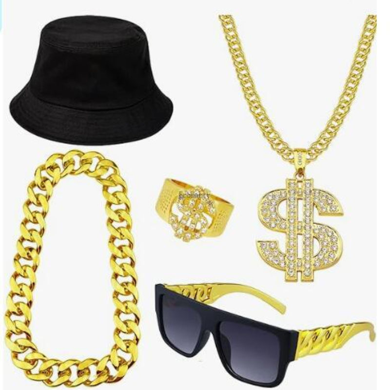 80s/90s Rapper Accessories Outfit Big Gold Chain Money Necklace Dollar Sign  Ring Twist Leg Punk Sunglasses Bucket Hat