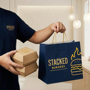 Custom Printed Your Own Logo Restaurant Catering Food Take Out Takeaway Packaging Kraft <b>Paper</b> Bag with Handles - Product Image 3