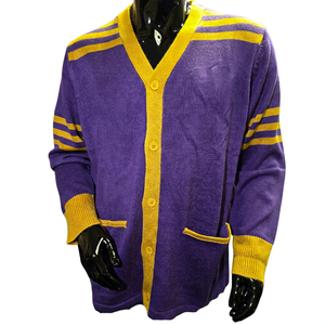 Suéter cárdigan con cuello en V morado y dorado para hombre, personalizado al por mayor, estilo griego - Product Image 1