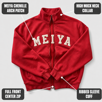 Veste Homme Rouge Personnalisée en Molleton avec Patch Chenille Arche sur la Poitrine, Col Montant, Fermeture Éclair Intégrale, Poignets Côtelés, Coupe Décontractée pour Streetwear Automne
