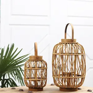Bamboo Wooden Lantern With Glass Holder Decorative Candle Lantern Indoor Outdoor