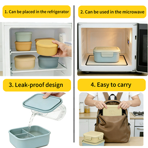 Fiambrera <span class=keywords><strong>Bento</strong></span> de silicona de grado alimenticio divisoria de tres rejillas de alta capacidad con tapa contenedor de almacenamiento de alimentos calentable sin BPA - Product Image 3