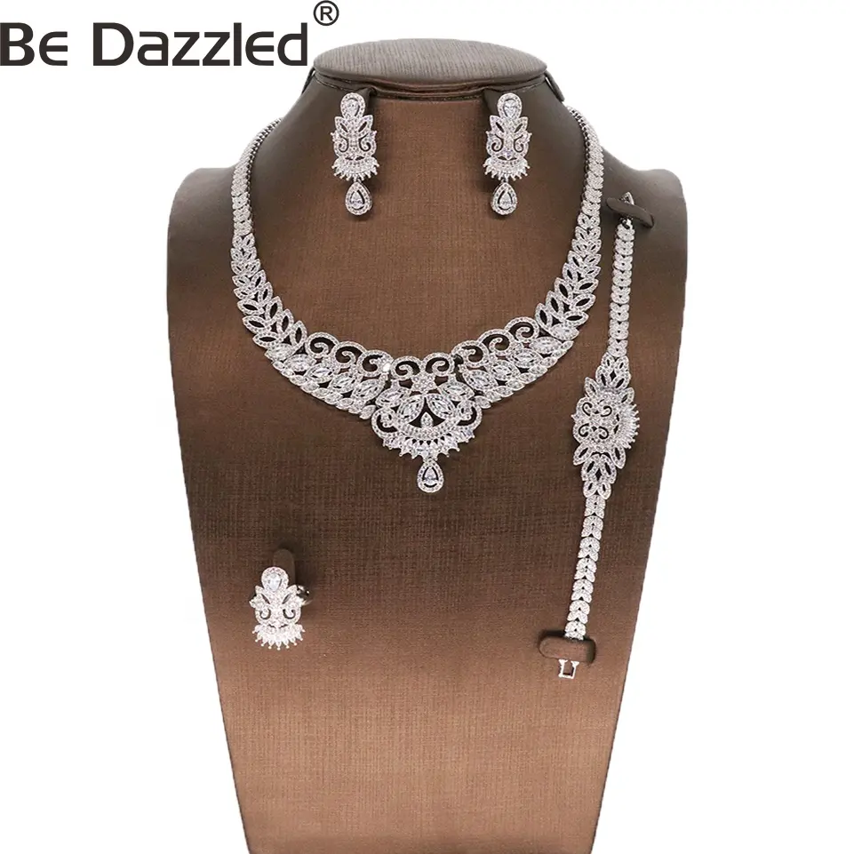 Bedazzled Luxury AAA Cubic Zirconia Bridal Wedding Earring Necklace Ring Bracelet 4 Piece White Color Big Jewelry Set For woman